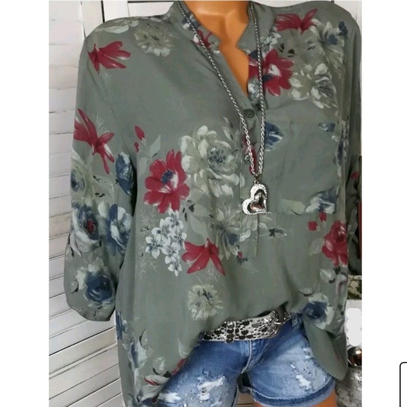Tops - Green Floral Printed Casual Chiffon Blouse XL